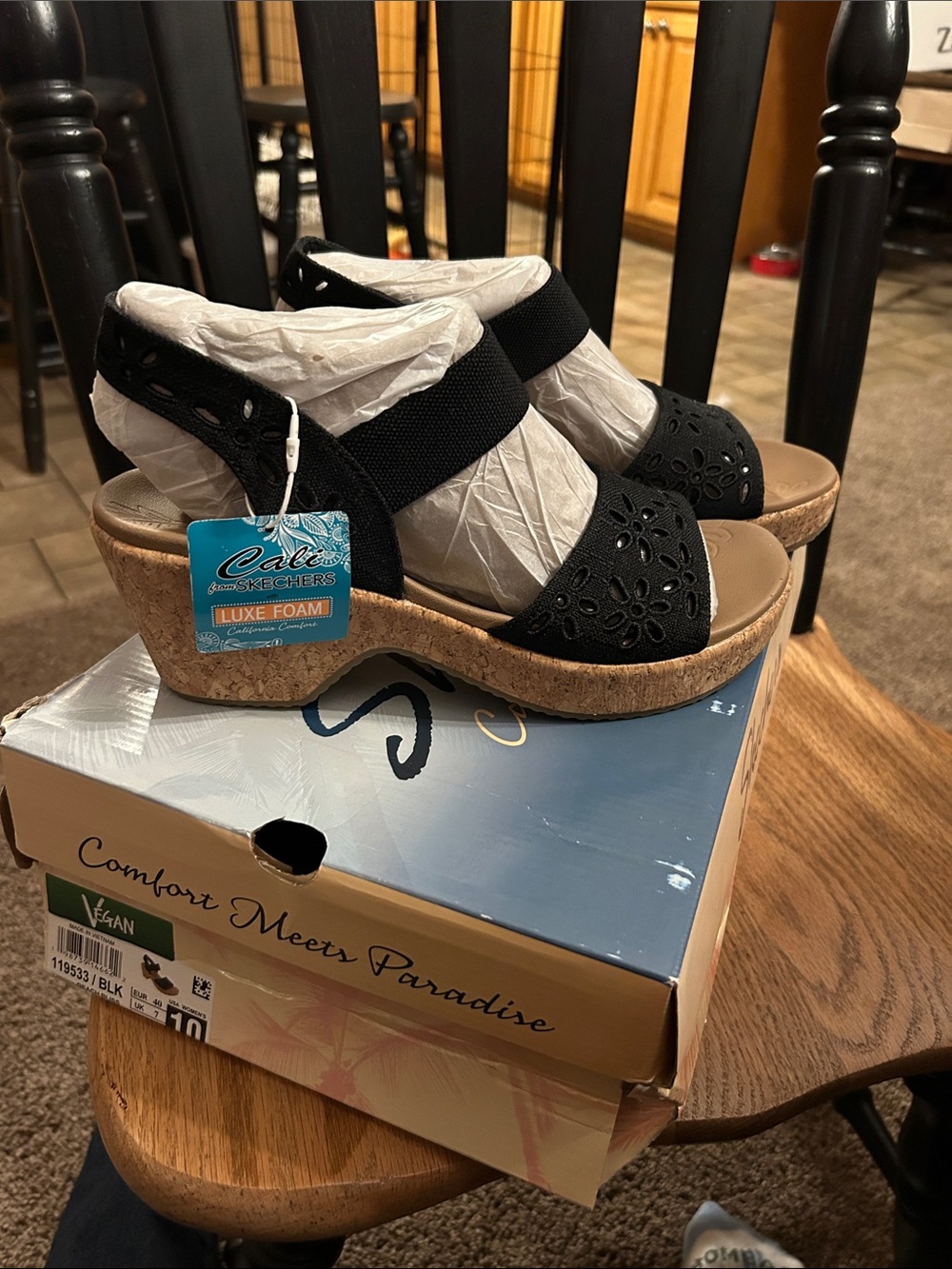 Skechers Black Floral Cutout Elastic Cork-Wedge Sandals
